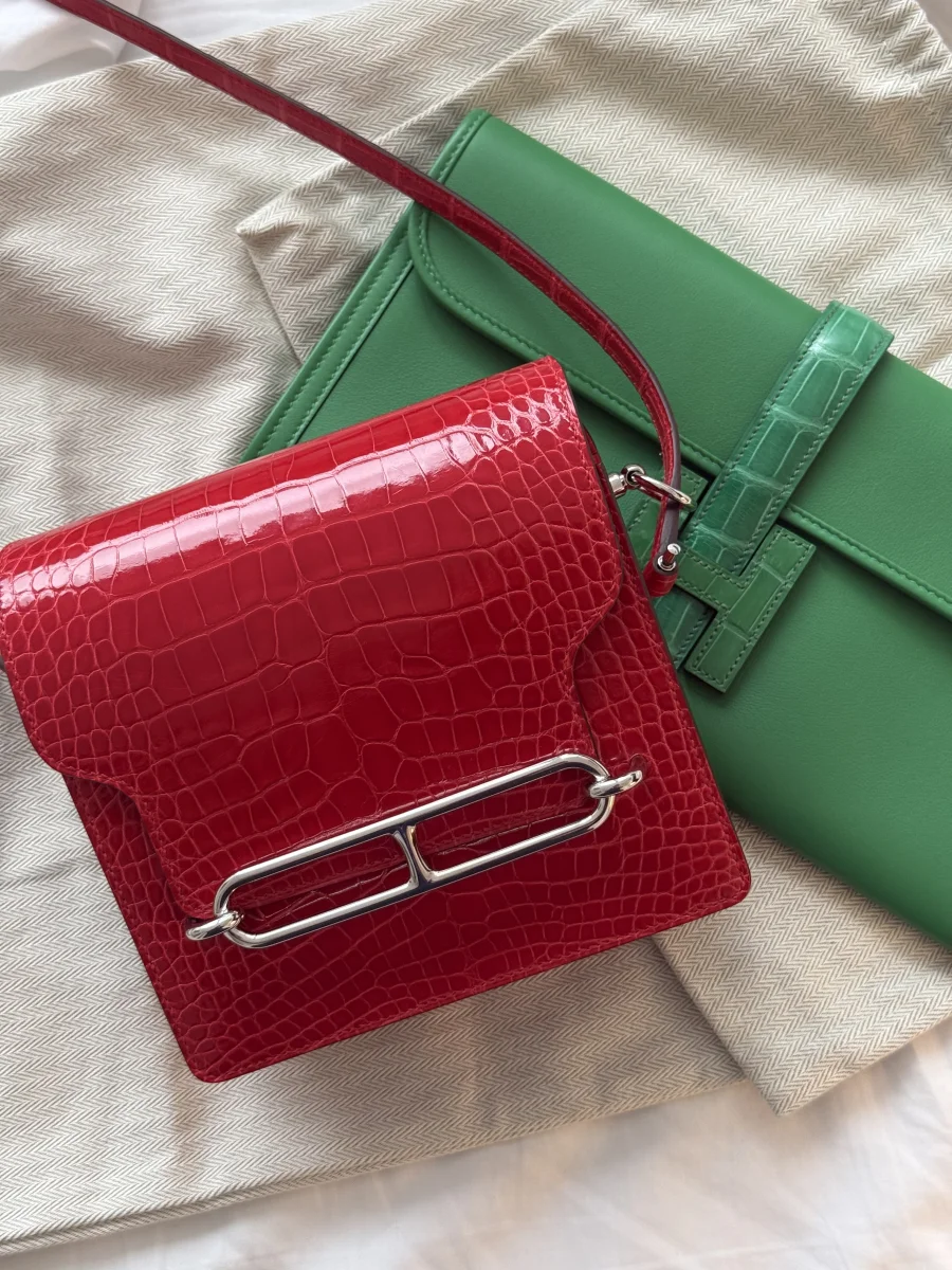 Herme?s Shiny Alligator Mini Sac Roulis and Herme?s Jige E?lan Touch clutch Hermes Shiny Alligator Mini Sac Roulis and Hermes Jige Elan Touch clutch