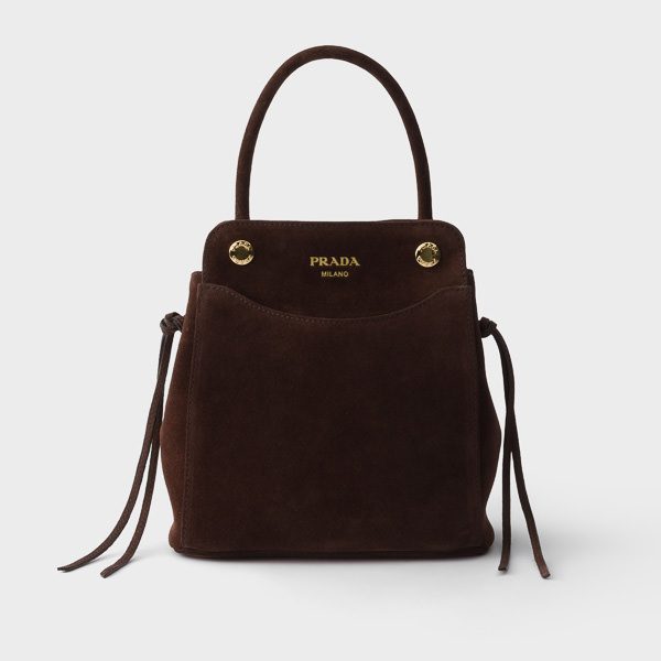 Prada Carry Mini Suede Handbag In Dark Brown