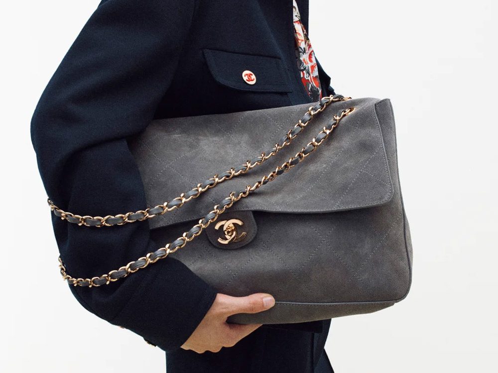 Chanel Maxi Flap Grey Suede Pre Co FW26 Chanel Maxi Flap Grey Suede Pre Co FW26