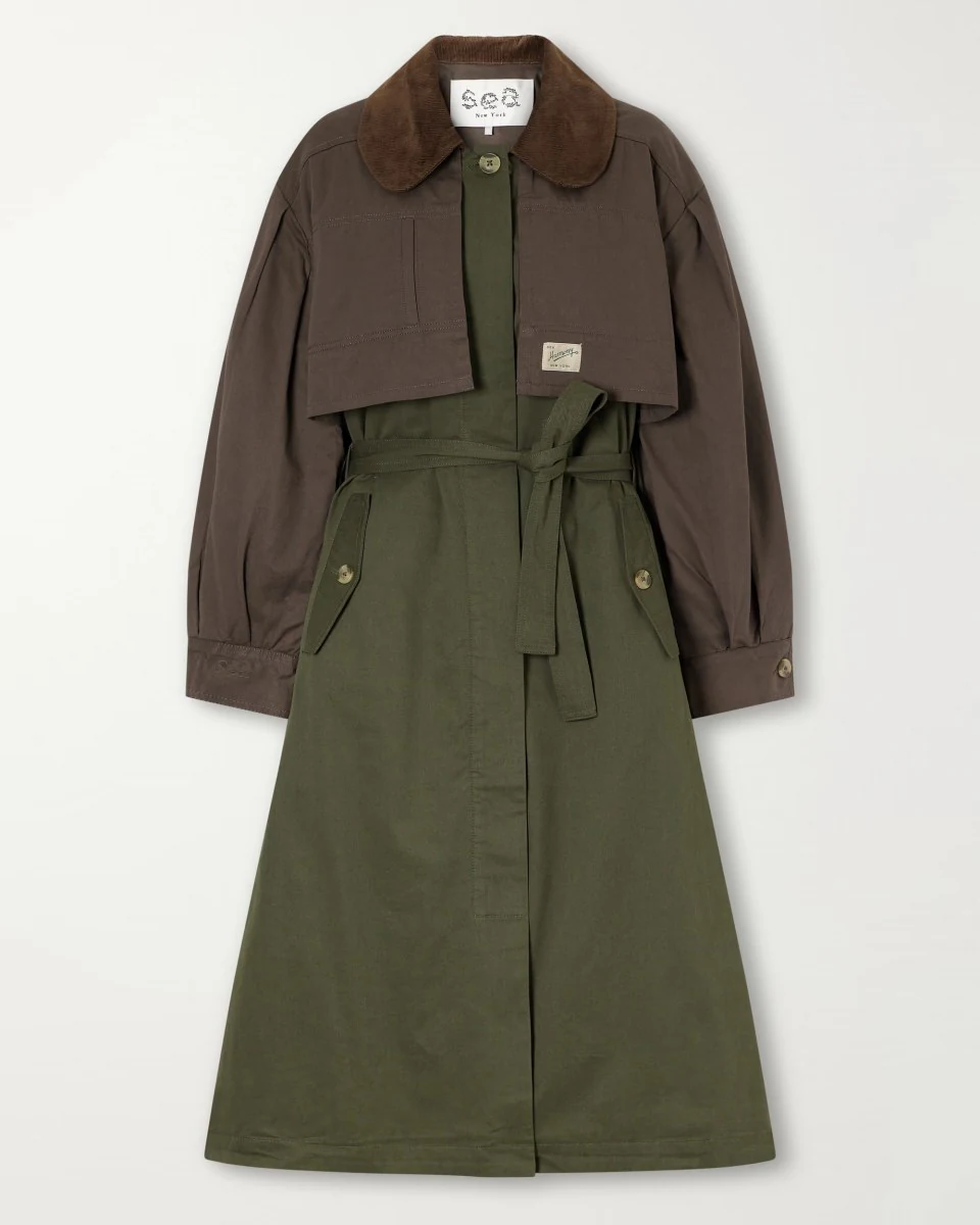 SEA Tristan Corduroy-Trimmed Trench Coat in Green